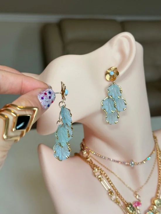 Gold-Tone Blue Leaf Drop Earrings - Picture 5 of 9